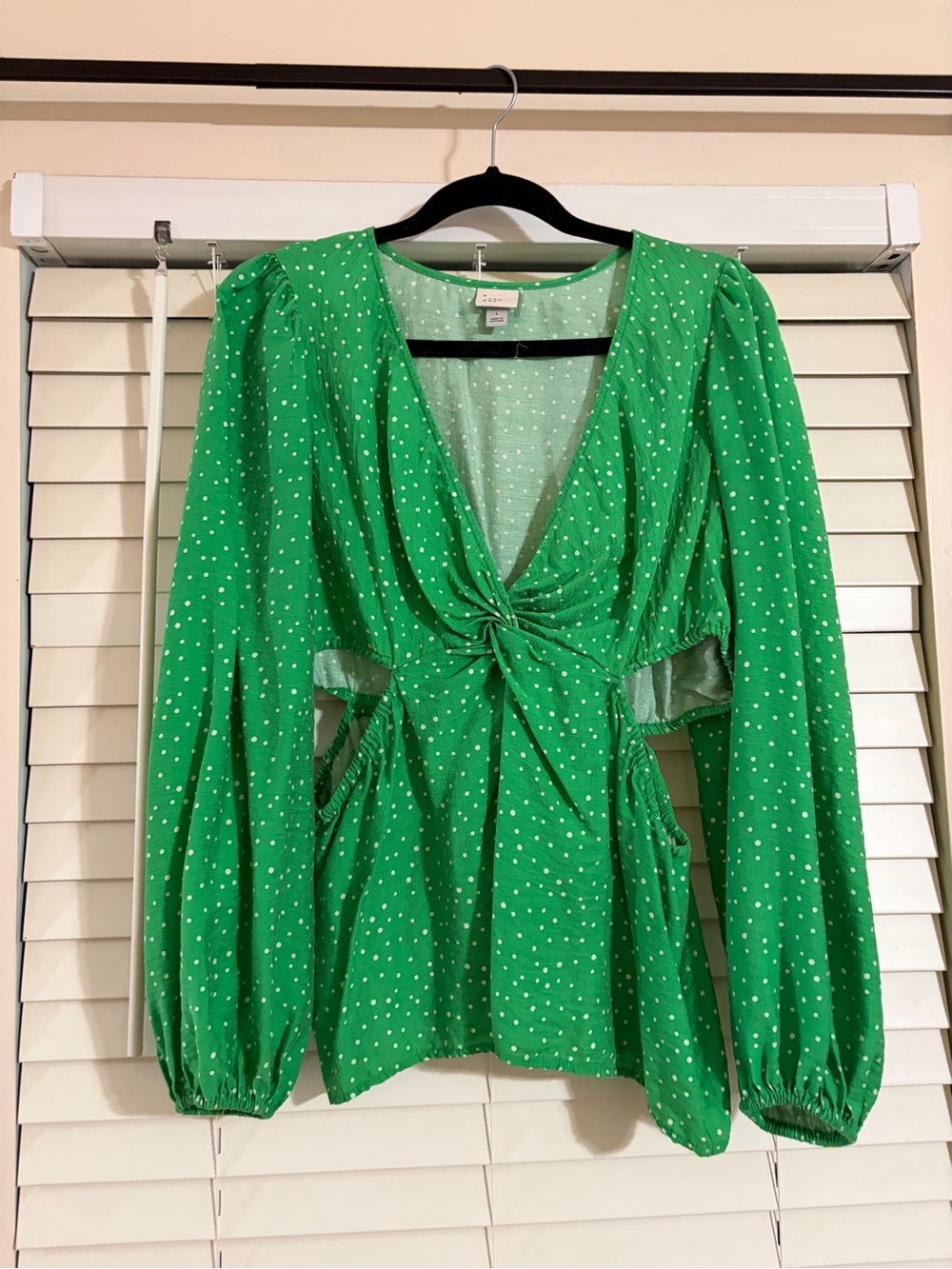 a new day Green Polka Dot Twist-Front Peplum Blouse